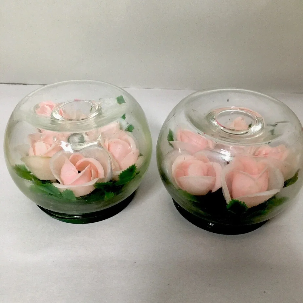 Candle Holders 2 Glass Terrarium Pink Roses Shabby Cottage Core Candles Not Iclu